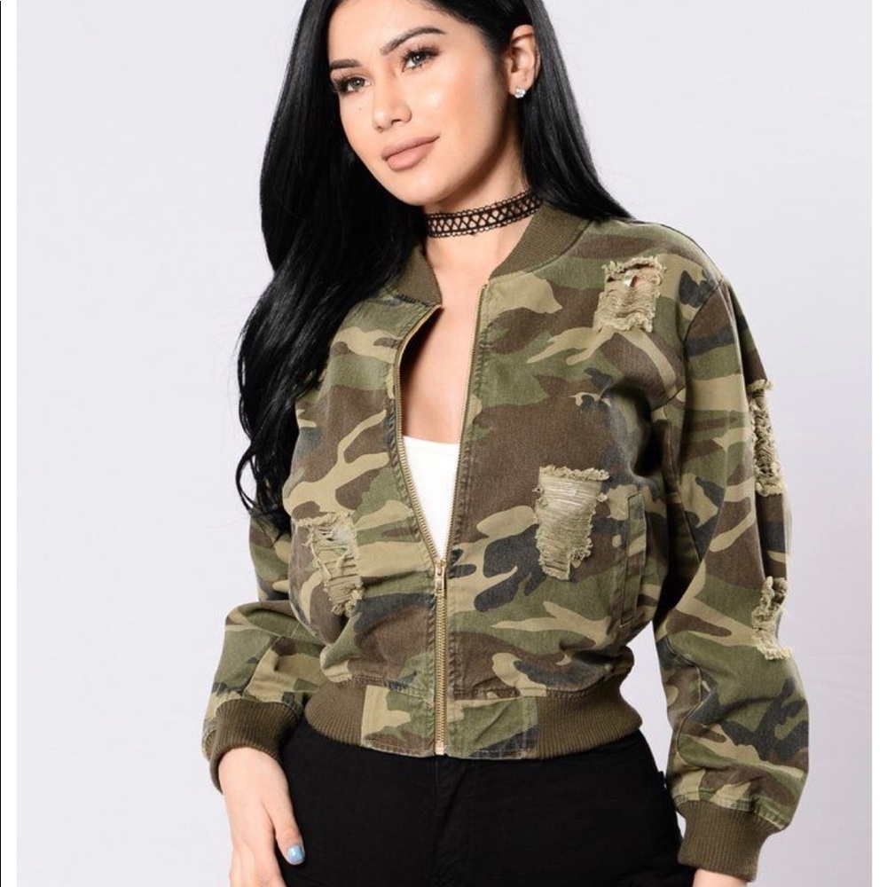 Fashion nova distressed camo bomber xs